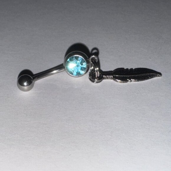 Aqua Blue Gem Feather Dangle Belly Ring - Picture 3 of 9
